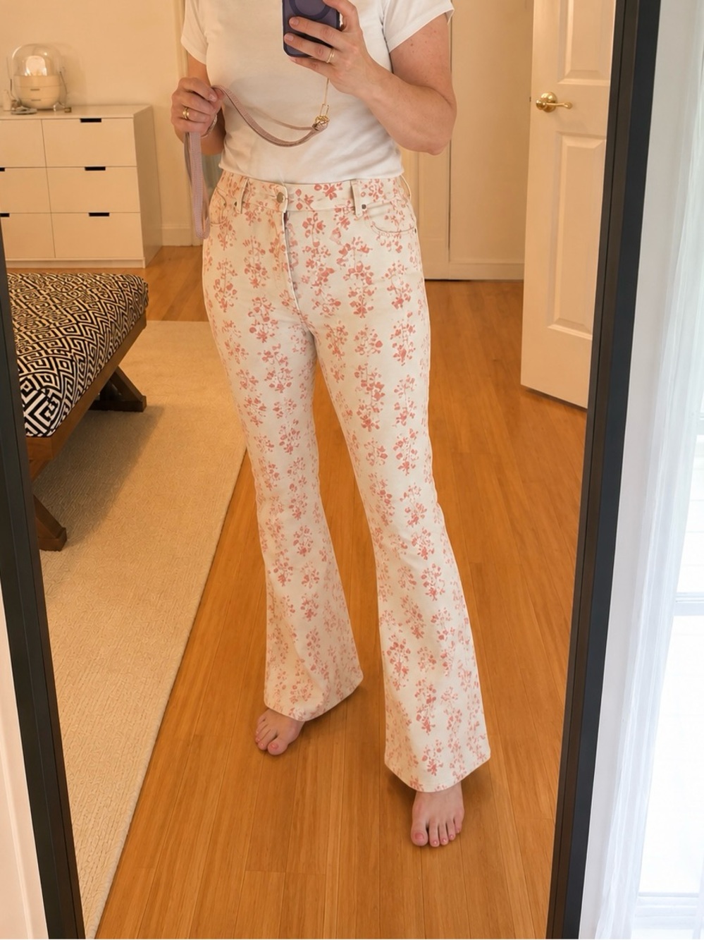Boden Cream Flare Jeans with Pink Floral Print